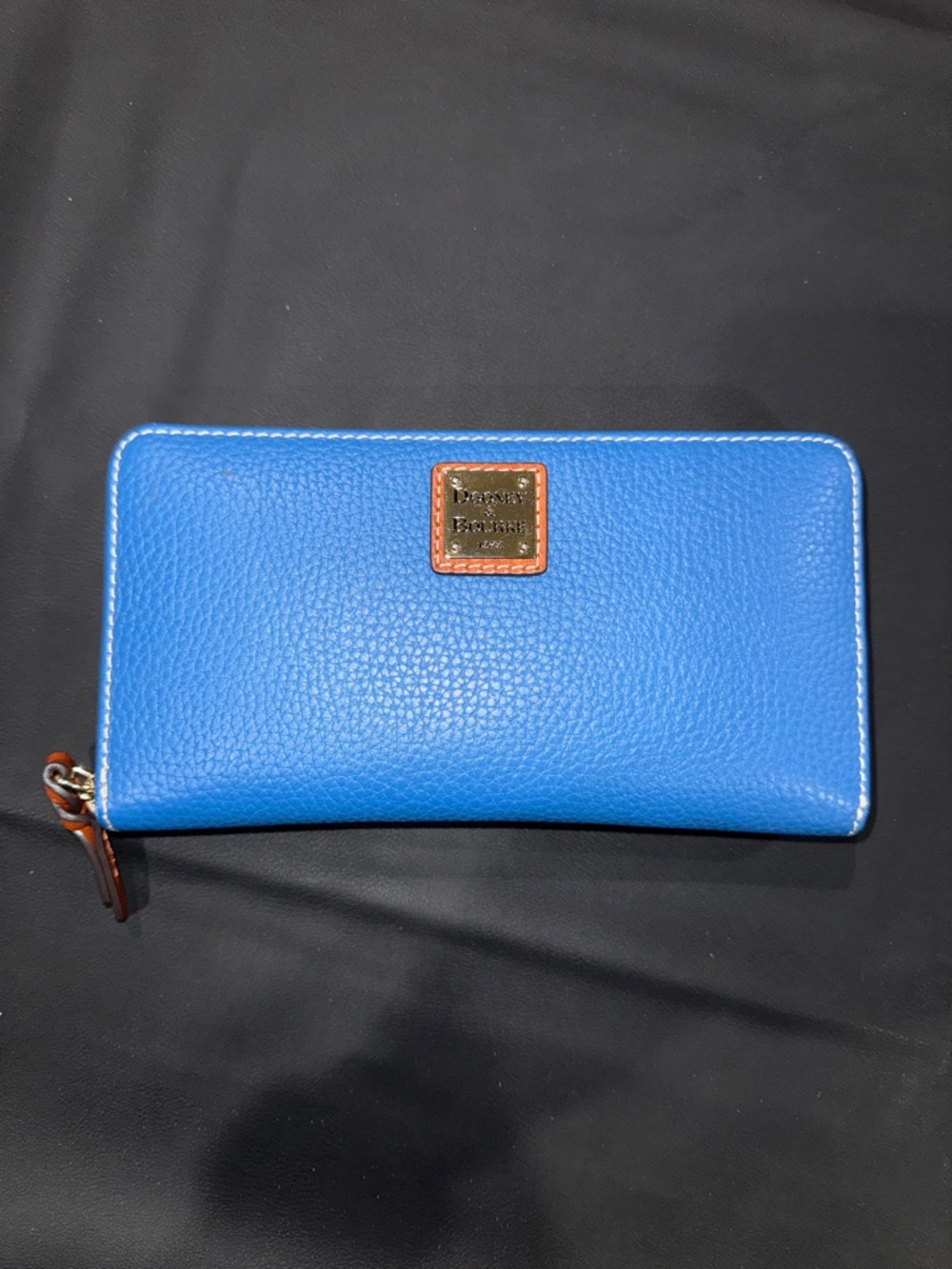Dooney & Bourke Bright Blue Pebbled Leather Zip Wallet with Tan Trim